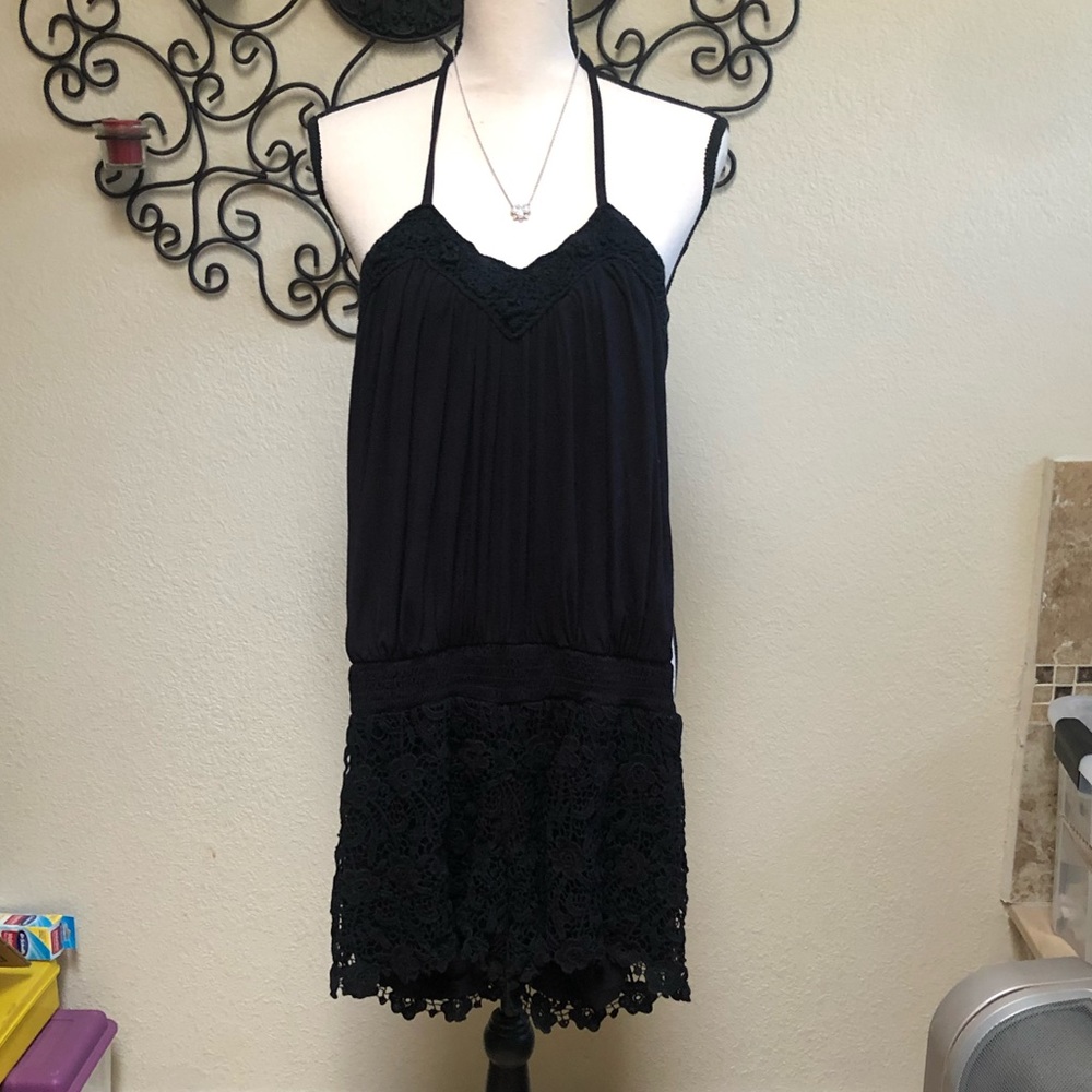 Sky Black Crochet Trim Halter Romper